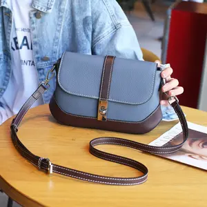 Simple and fashionable contrasting color small square bag messenger leather women's bag first layer cowhide shoulder bag