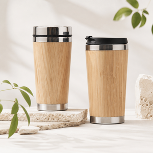 Vaso Térmico de Acero Inoxidable y Bambú con Tapa, Diseño Minimalista para Viajes - Product Image 2