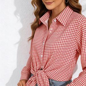 Camicetta Elegante da Donna Oversize in Poliestere con Stampa Pied-de-Poule a Maniche Lunghe per Uso Quotidiano - Product Image 4