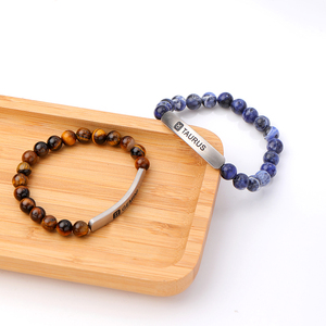 Classic Colorful Natural Stone <strong>Beaded</strong> <strong>Bracelets</strong> Custom Carve <strong>Logo</strong> Nameplate Stainless Steel Adjustable <strong>Bracelets</strong> - Product Image 1