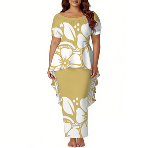 1MOQカスタムパシフィックアイランドエレガントレディースマーメイドドレスポリネシアンプネタシドレスツーピースバブルショートスリーブハワイアンドレス - Product Image 3