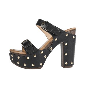 Sandales à talons pour femmes, plateforme, talon épais, bout ouvert, boucle décorative, couleur unie, doublure en cuir véritable, talon haut 3-5 cm - Product Image 5