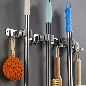 Bathroom SUS 304 Wall Mounted Stainless Steel Heavy Duty Broom And Mop Holder With Hook