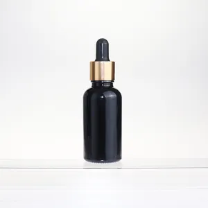 Hot stamping Beard oil packaging 30ml matte black frosted cosmetic glass dropper bottle with gold lid