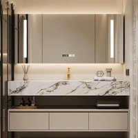 Miroir de salle de bain moderne en panneaux de bois, coiffeuse, meuble-lavabo avec vasques simples et doubles en pierre