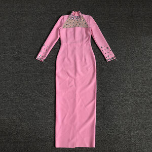 C3613 pronto per la spedizione abito Midi <span class=keywords><strong>rosa</strong></span> lavorato a <span class=keywords><strong>maglia</strong></span> da donna con maniche lunghe e perline abito da festa da donna - Product Image 5