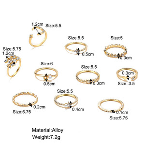 Anillo de Zirconia al por Mayor con Diseño de Luna Creciente <span class=keywords><strong>y</strong></span> Estrella, Hoja de Corazón, Geométrico, de Aleación Galvanizada, Juego de 10 Anillos, Creativo, Vintage - Product Image 3