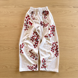 Pantalon de jogging personnalisé pour homme, coupe droite, jambe large, en molleton de coton blanc avec broderie florale artistique, taille élastique, hiver - Product Image 1