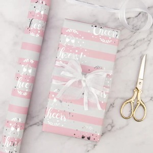 Custom Eco-Friendly Digital Printing Compatible Cheers Gift <b>Wrap</b> Rolls <b>Pink</b> Stripes Gold Dots Metallized Paper Double-Sided - Product Image 4