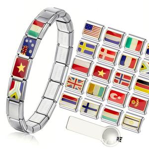Bracelet à breloques italien personnalisable de luxe en acier inoxydable 316L 18K, avec breloques drapeaux du monde, pour la fabrication de bijoux, vente en gros - Product Image 1
