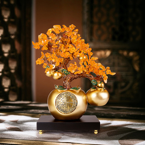 Ornement Arbre à Monnaie Kaki Doré en Cristal, Décoration Feng Shui pour Salon, Meuble TV, Cadeau de Pendaison de Crémaillère - Product Image 1