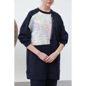 Ensemble pantalon et veste pour femme Puane, élégant, avec fermeture éclair sur le devant, en jacquard - Tenue moderne en deux pièces pour les occasions spéciales, bleu marine - Product Image 2