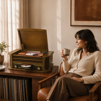 Lecteur de disques vinyles classique avec haut-parleurs intégrés, tourne-disque 3 vitesses avec lecteur CD, cassette et lecture de musique sans fil