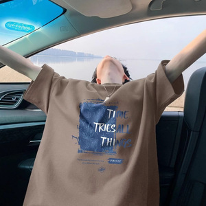 T-shirt à manches courtes pour homme, blanc, poids lourd, 200g, tendance, marque américaine, style rétro, pur coton, coupe ample, perlé, style urbain - Product Image 5