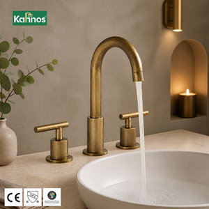 Grifo de Lavabo de Lujo Moderno de Latón Antiguo para Villa, de Tres Orificios, de Doble Manija, Mezclador de Agua Fría y Caliente, Montado en Cubierta, Acabado Oro Cepillado - Product Image 2