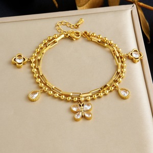Gold Plated Stainless Steel Double Chain Bracelet With Butterfly Pendant Teardrop Crystal Charm Stackable Fashion Jewelry Gift - Product Image 1
