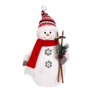 Rustic Pattern Hat Snowman Figures with Wooden Skis for <b>Xmas</b> Mantel Window Decor Personalized - Product Image 1