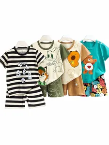 Conjunto de Ropa de Casa de Verano para Niños y Niñas, <span class=keywords><strong>Camiseta</strong></span> de Manga Corta y Pantalones Cortos de Algodón con Dibujos Animados, Venta al Por Mayor - Product Image 1