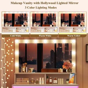 Tocador Blanco con Espejo, Brillo Ajustable, Enchufe Incluido, Cajones Espaciosos y Estantes Abiertos, Mesa de Maquillaje - Product Image 3