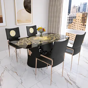Estilo clássico retângulo mesa de jantar conjunto 6 lugares luxo sinterizado pedra bancada preto vidro temperado casa decoração mesa de jantar