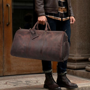 Style vintage fermeture à glissière unisexe en cuir véritable sac <span class=keywords><strong>de</strong></span> sport <span class=keywords><strong>week</strong></span>-<span class=keywords><strong>end</strong></span> voyage bagages sac à main avec étui à chaussures - Product Image 1