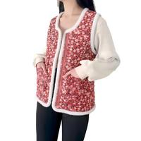 Harga Grosir Rompi Berlapis Motif Bunga dengan Trim Bulu Putih dan Saku Berkancing, Pesanan Massal untuk Wanita Paruh Baya