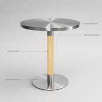 Table Ronde Personnalisée OEM, Table en Acier Inoxydable Brossé avec Colonne à Grain de Bois pour Café Restaurant Bistro