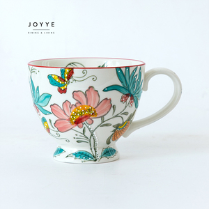 Joyye en Stock elegante taza de desayuno 16oz 450mL bajo <span class=keywords><strong>flor</strong></span> pintada a mano esmaltada con punto en relieve taza de leche de café de cerámica - Product Image 2
