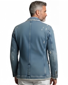 Chaqueta Blazer de Mezclilla Azul Desgastada para <span class=keywords><strong>Hombre</strong></span> con Ribete Blanco, Estilo Casual y Elegante, Corte Entallado, Prenda Exterior Moderna - Product Image 2