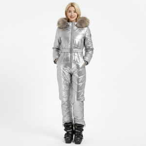 Combinaison de <span class=keywords><strong>ski</strong></span> pour <span class=keywords><strong>femme</strong></span> AQTQ, luxe, argent métallisé, avec capuche en <span class=keywords><strong>fourrure</strong></span>, ceinture de créateur, une pièce - Product Image 1