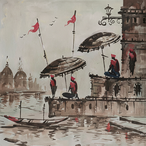 Cuadro de Paisaje Pintado a Mano en Acuarela, Estilo Clásico, Escena del Ghat de Banaras, Decoración de Interiores, Banderas Rojas, Sombrillas, Vista al Río - Product Image 1