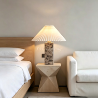 Lampe de table rectangulaire en marbre naturel, abat-jour conique en tissu plissé, lampe de bureau Wabi Sabi pour chambre à coucher, hôtel, villa
