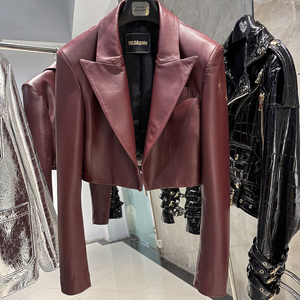 Blazer Feminino Curto de Couro Genuíno em Cores Vibrantes, Jaqueta de Couro de Ovelha Real para Outono - Product Image 3