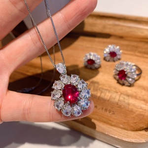 High Quality Red Eco-friendly Copper Zirconia Micro-inlay Fashion 3-Piece Earrings <b>Ring</b> Necklace Jewelry Set for Women - Product Image 2