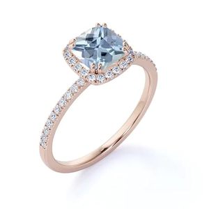 Anillo de tercera mano Shama Gems Jewels de plata de ley 925, estilo clásico vintage, con aguamarina de corte cojín y halo de diamantes con engaste de garras - Product Image 5