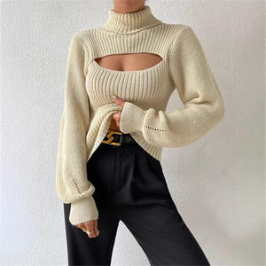 <span class=keywords><strong>Pull</strong></span> <span class=keywords><strong>sexy</strong></span> pour femme en maille ajourée à col haut, style coréen d'hiver, coupe ajustée, manches longues, en acrylique - Product Image 4