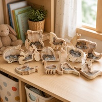 Hucha de madera con forma de animal personalizada con logo, caja de monedas de acrílico transparente con letras