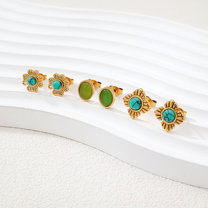 Joyería de acero inoxidable a la moda, venta al por mayor, accesorios de flores chapados en oro de 18 quilates, collar de turquesa de piedra Natural, conjuntos de pendientes - Product Image 5