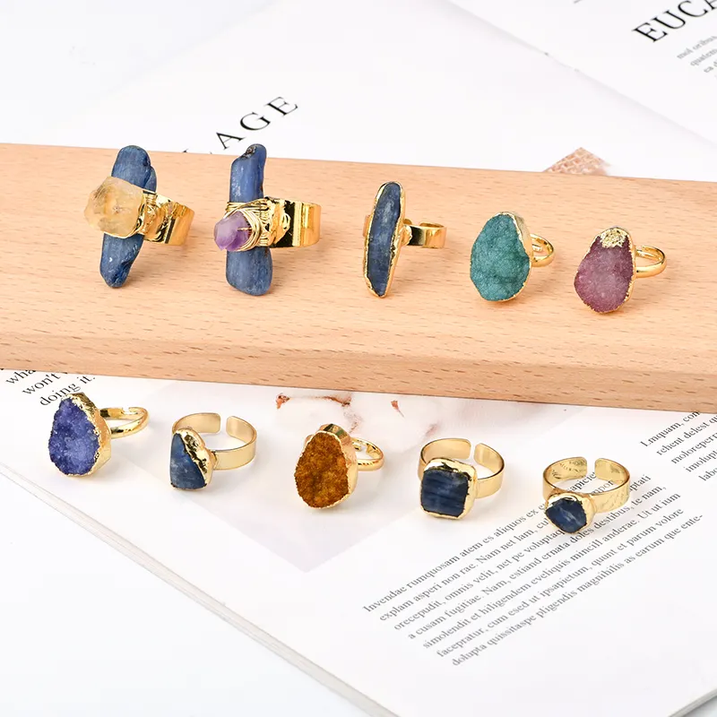 Natural kyanite crystal rings with stone druzy ring Healing Reiki Rose Quartz Irregular shape unique crystal For Women Jewelry