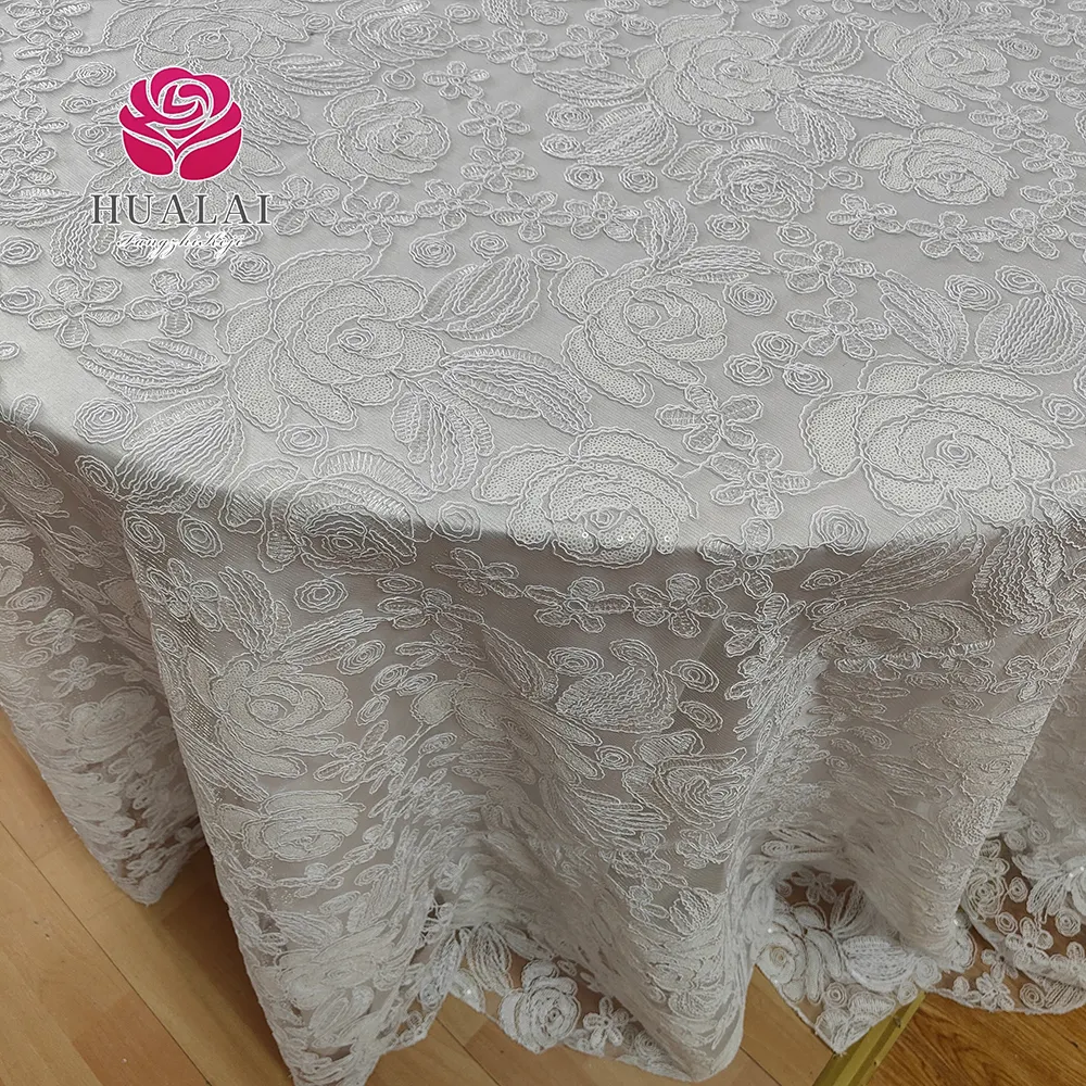 132" Round luxury White Lace Embroidered Table Decoration Linen cloth with Sequin for Wedding