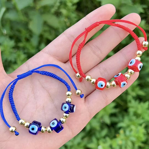 BG1165 Eleganti Braccialetti Macramè Regolabili con 3 Perle Multicolore in Vetro Lampwork, Motivi Floreali, Occhio Turco, Mano di Fatima, Cuore, Fiore e Perline Dorate - Product Image 1