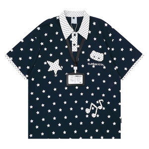 Polo Oversize 100% Cotone con Stampa Stelle e Pois, Manica Corta, Effetto Stratificato, Unisex, Top Estivo per Coppie - Product Image 6
