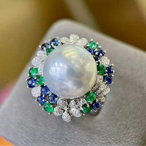 Wenchi High-End Natural Pearl Ring 14-15mm Round Strong Light <b>Enchanting</b> Blue-Green Color Scheme Model 24646 China - Product Image 3