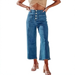 Jean en denim slim taille haute élastique le plus vendu pour femme avec ceinture à pampilles - Product Image 1