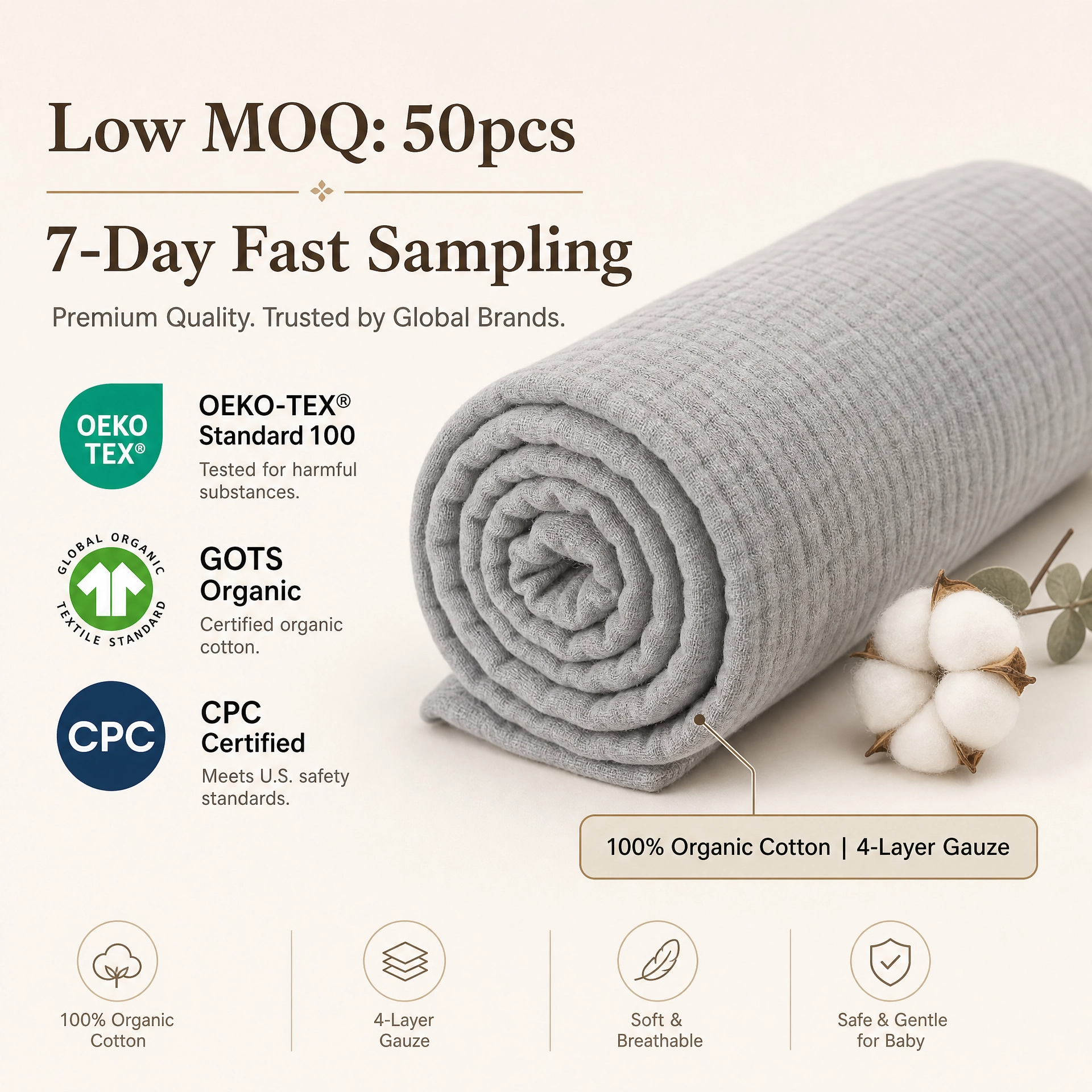 Wholesale Custom Organic Cotton Bamboo Muslin Baby Swaddles 120*120cm Newborn Gauze Blanket Baby Swaddle Receiving Blanket