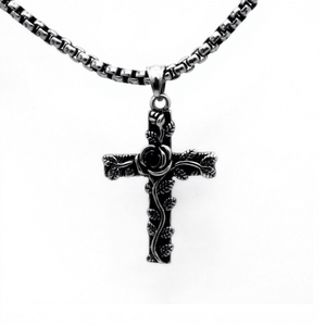 Yunnique Rose Relief <b>Cross</b> Pendant Necklace Stainless Steel Vintage Link <b>Chain</b> Unisex Fashion Jewelry - Product Image 3