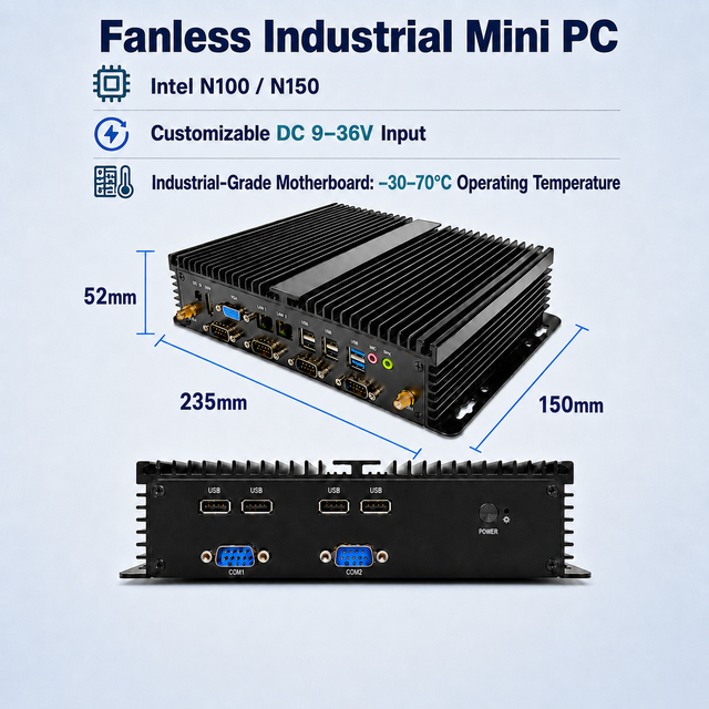Fanless Industrial Mini PC Inter N100 N150 Fanless Mini Pc 3-Year Warranty 4K 60FPS Linux Windows 10 11