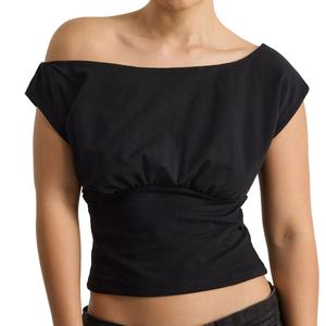 Novedades: Blusas Lisas de Color Sólido para Mujer, con Hombros Descubiertos, Estilo Murciélago, Doble Capa, con Logotipo Personalizado, Ajuste Delgado, Blusas de Verano para Chicas - Product Image 4