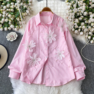 Camisa de Mujer con Solapa y Flores, Blusa Holgada a Rayas, a la Moda - Product Image 1