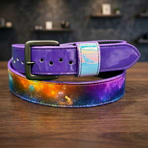 Ceinture de baseball réversible imprimée galaxie avec boucle latérale violette style Y2K, design par transfert thermique, boucle rectangulaire en métal - Product Image 4